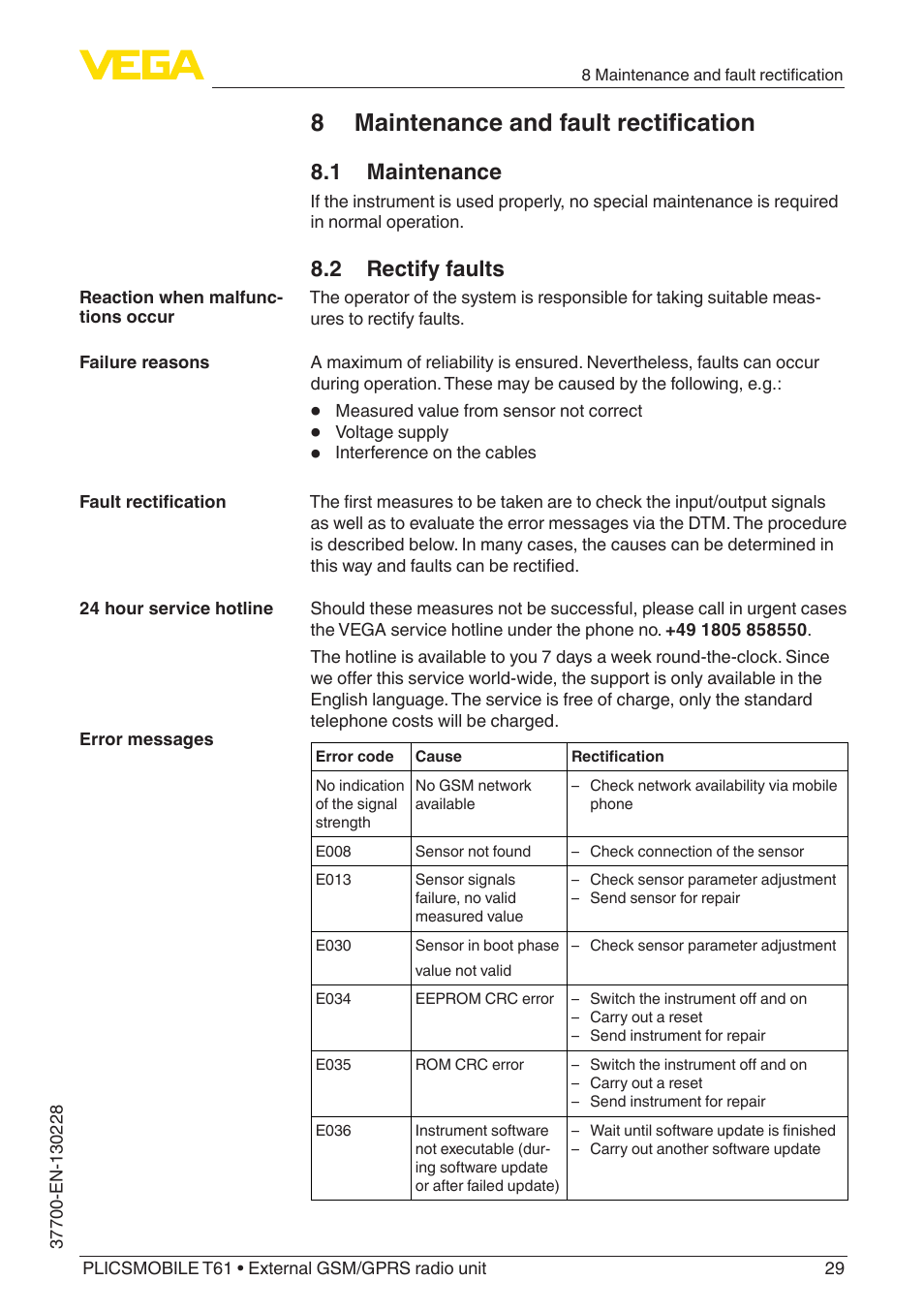 8 maintenance and fault rectification, 1 maintenance, 2 rectify faults | VEGA PLICSMOBILE T61 User Manual | Page 29 / 40