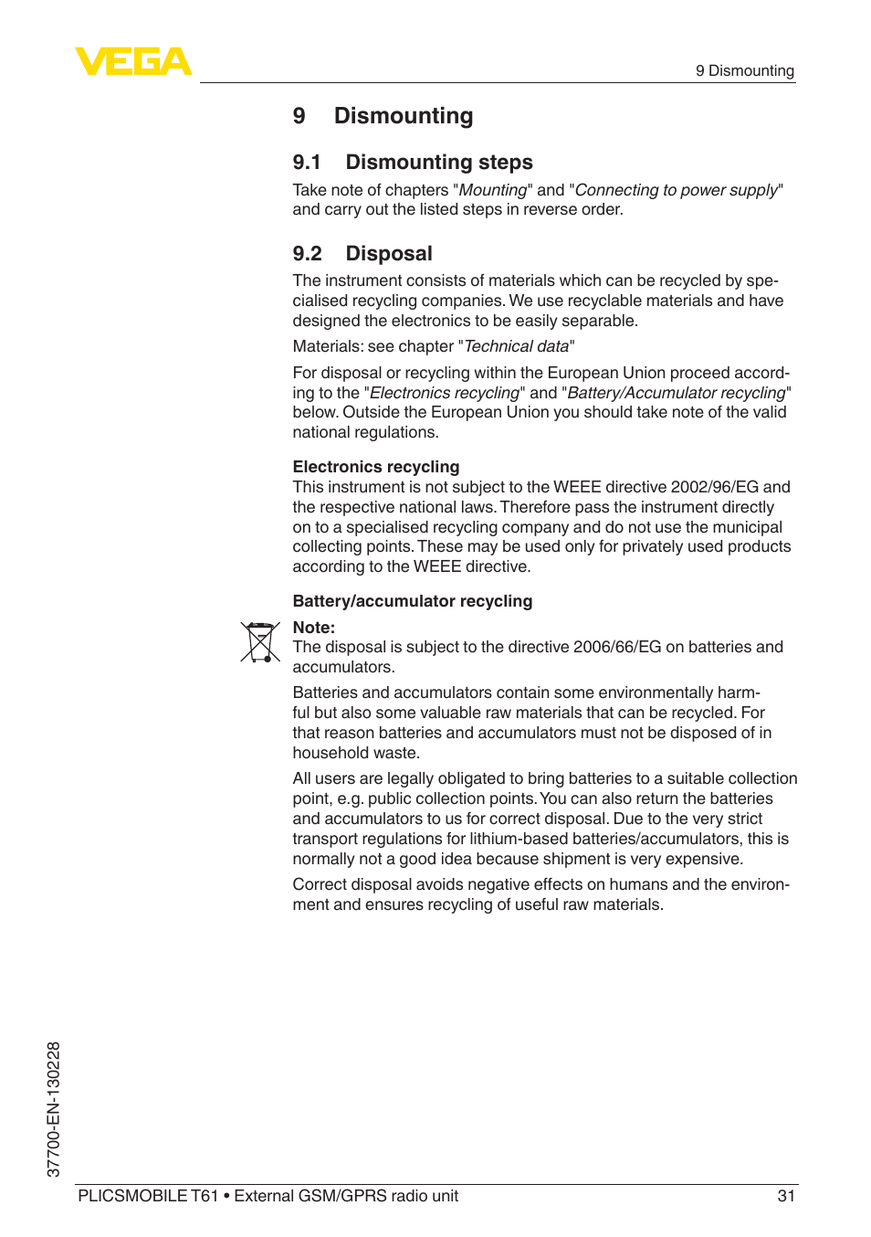 9 dismounting, 1 dismounting steps, 2 disposal | VEGA PLICSMOBILE T61 User Manual | Page 31 / 40