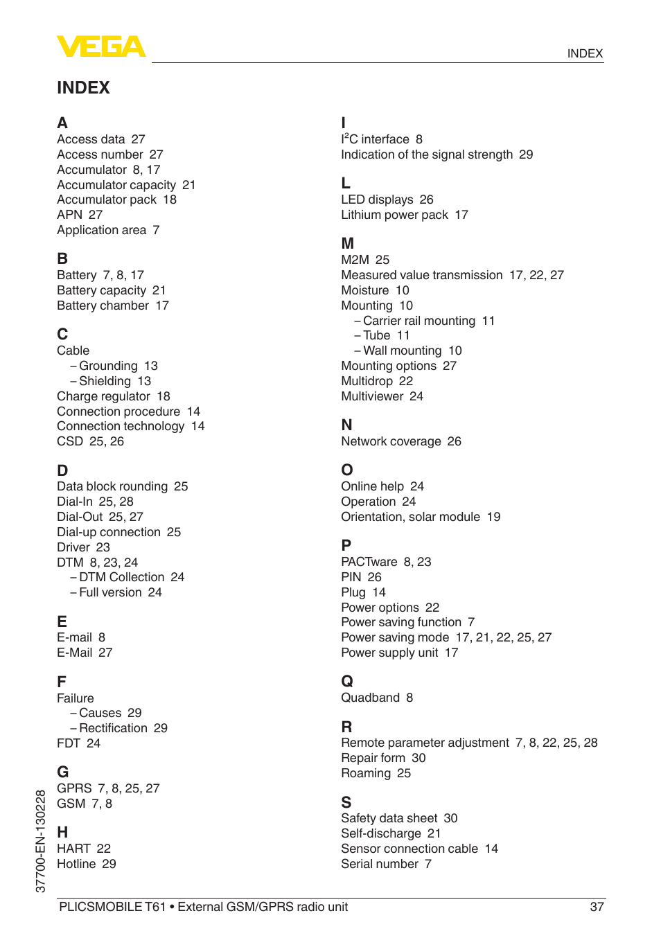 Index | VEGA PLICSMOBILE T61 User Manual | Page 37 / 40