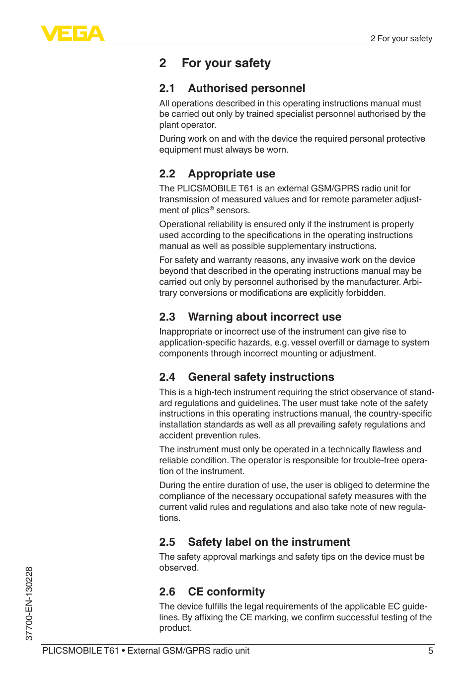 2 for your safety, 1 authorised personnel, 2 appropriate use | 3 warning about incorrect use, 4 general safety instructions, 5 safety label on the instrument, 6 ce conformity | VEGA PLICSMOBILE T61 User Manual | Page 5 / 40