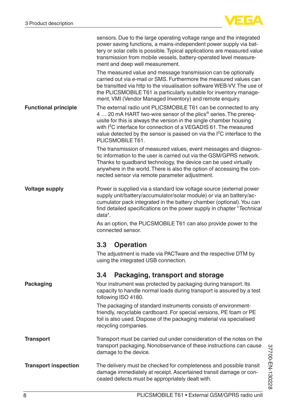 3 operation, 4 packaging, transport and storage | VEGA PLICSMOBILE T61 User Manual | Page 8 / 40