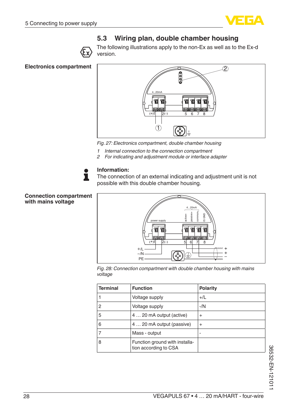 3 wiring plan, double chamber housing | VEGA VEGAPULS 67 (≥ 2.0.0 - ≥ 4.0.0) 4 … 20 mA_HART - four-wire User Manual | Page 28 / 72