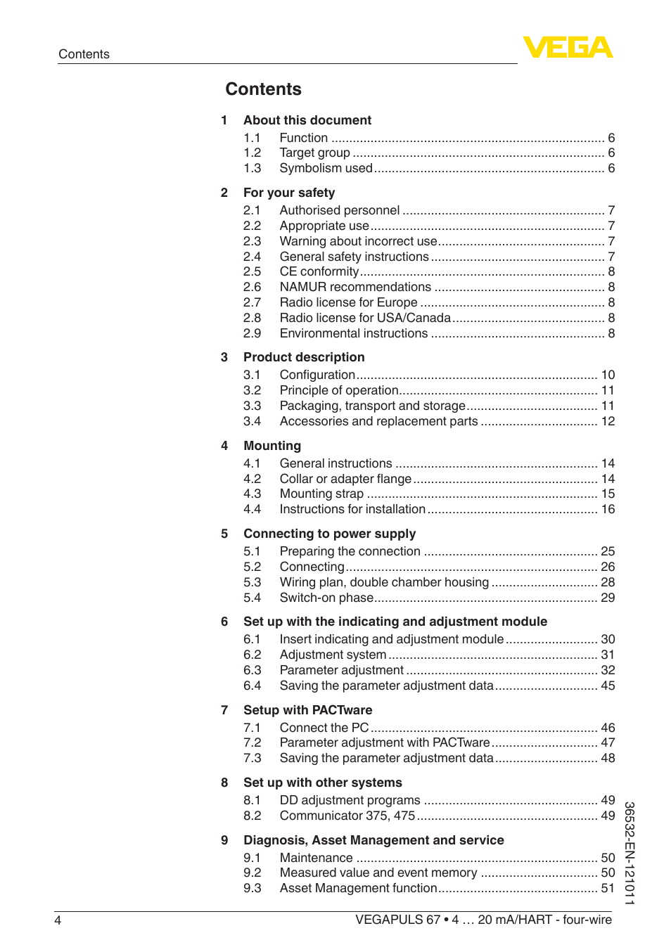 VEGA VEGAPULS 67 (≥ 2.0.0 - ≥ 4.0.0) 4 … 20 mA_HART - four-wire User Manual | Page 4 / 72