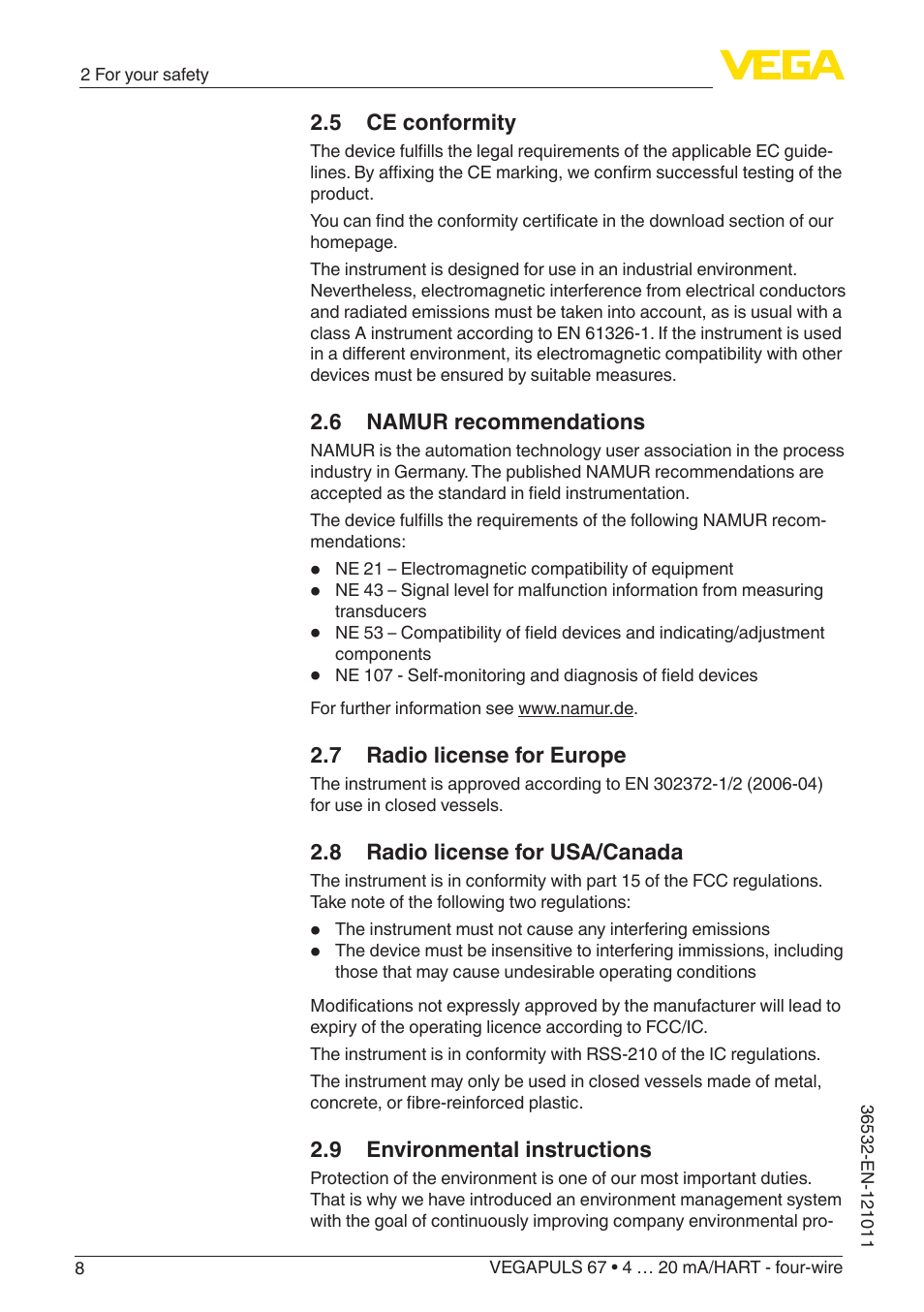 5 ce conformity, 6 namur recommendations, 7 radio license for europe | 8 radio license for usa/canada, 9 environmental instructions | VEGA VEGAPULS 67 (≥ 2.0.0 - ≥ 4.0.0) 4 … 20 mA_HART - four-wire User Manual | Page 8 / 72