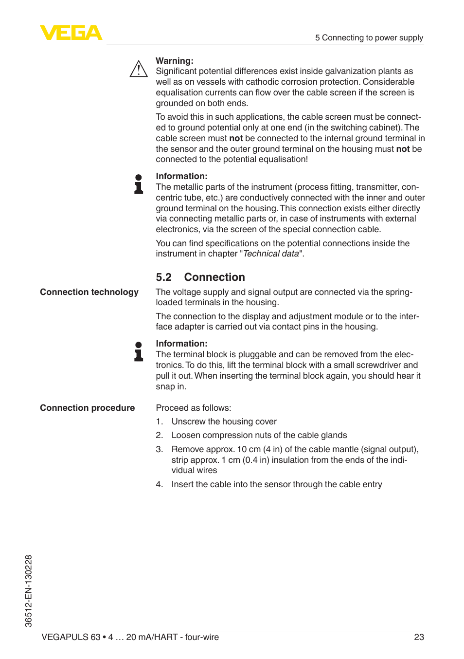 2 connection | VEGA VEGAPULS 63 (≥ 2.0.0 - ≥ 4.0.0) 4 … 20 mA_HART - four-wire User Manual | Page 23 / 76