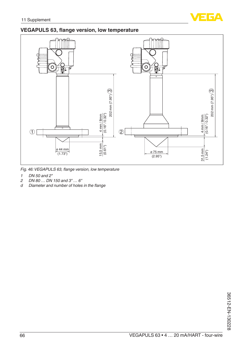 Vegapuls 63, flange version, low temperature | VEGA VEGAPULS 63 (≥ 2.0.0 - ≥ 4.0.0) 4 … 20 mA_HART - four-wire User Manual | Page 66 / 76