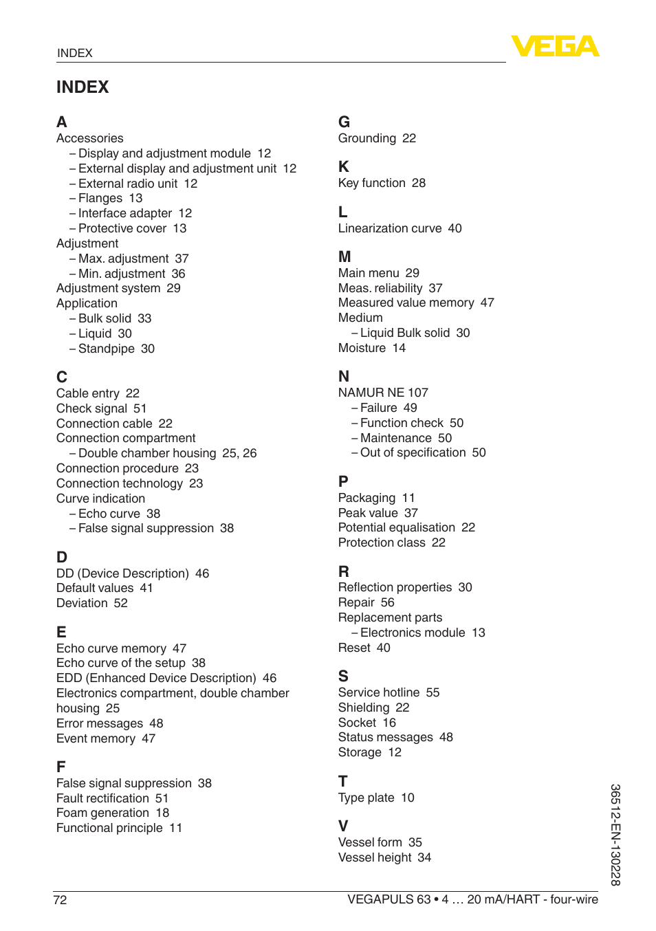 Index | VEGA VEGAPULS 63 (≥ 2.0.0 - ≥ 4.0.0) 4 … 20 mA_HART - four-wire User Manual | Page 72 / 76