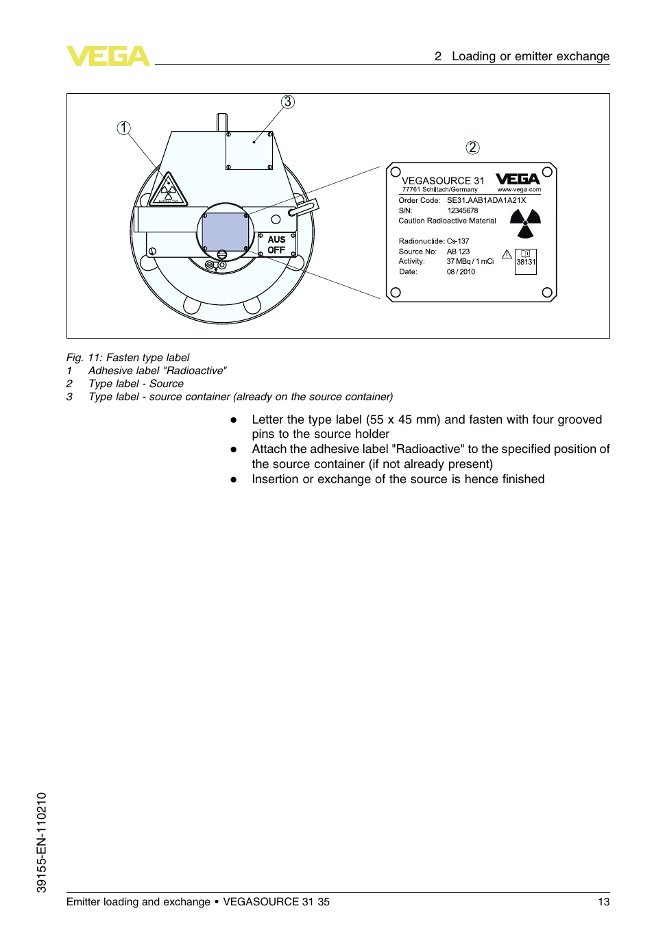 VEGA VEGASOURCE 35 Emitter loading and exchange User Manual | Page 13 / 28