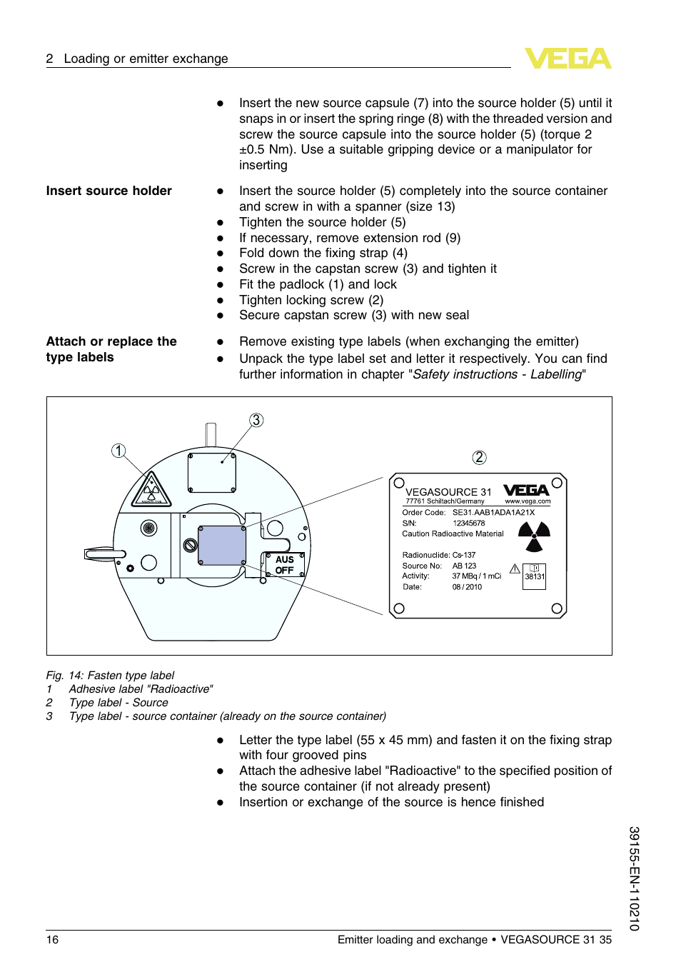 VEGA VEGASOURCE 35 Emitter loading and exchange User Manual | Page 16 / 28