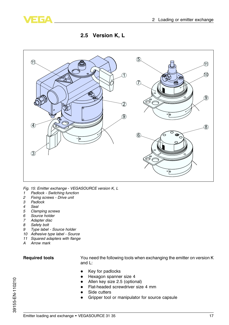 5 version k, l, 5 v ersion k, l | VEGA VEGASOURCE 35 Emitter loading and exchange User Manual | Page 17 / 28