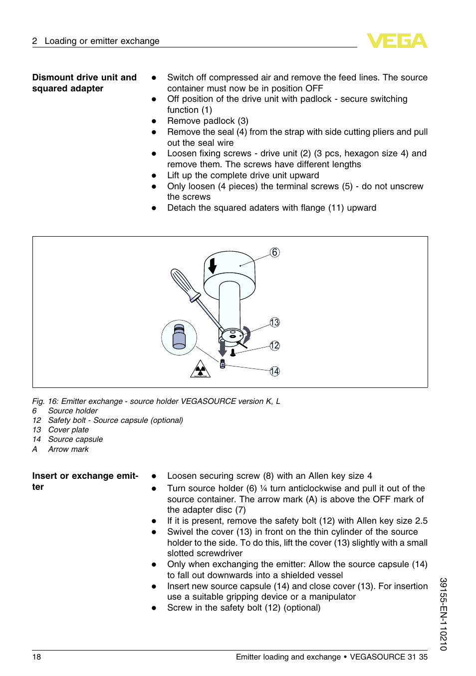 VEGA VEGASOURCE 35 Emitter loading and exchange User Manual | Page 18 / 28