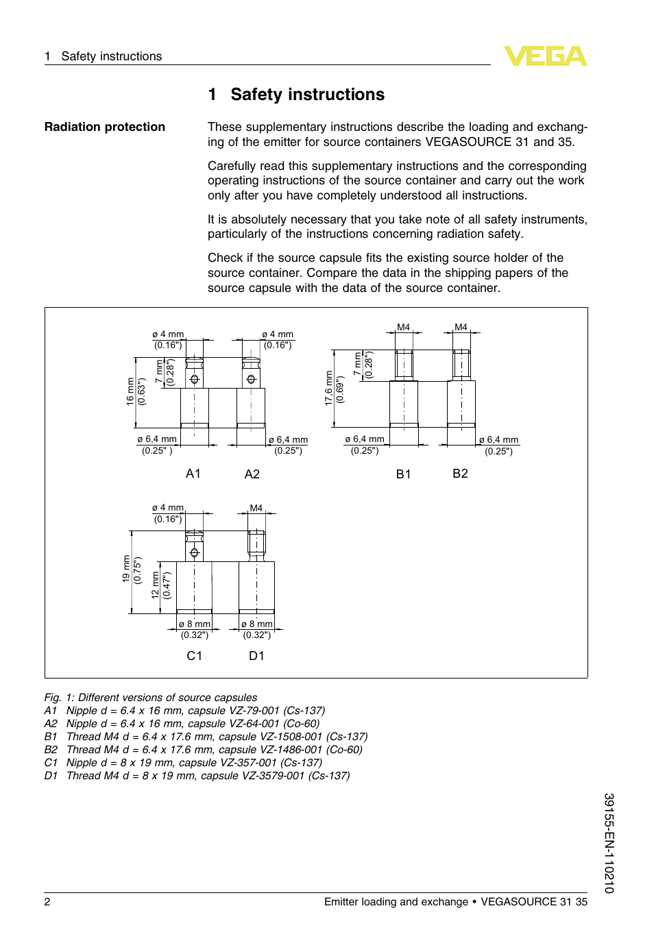 1 safety instructions, 1safety instructions | VEGA VEGASOURCE 35 Emitter loading and exchange User Manual | Page 2 / 28
