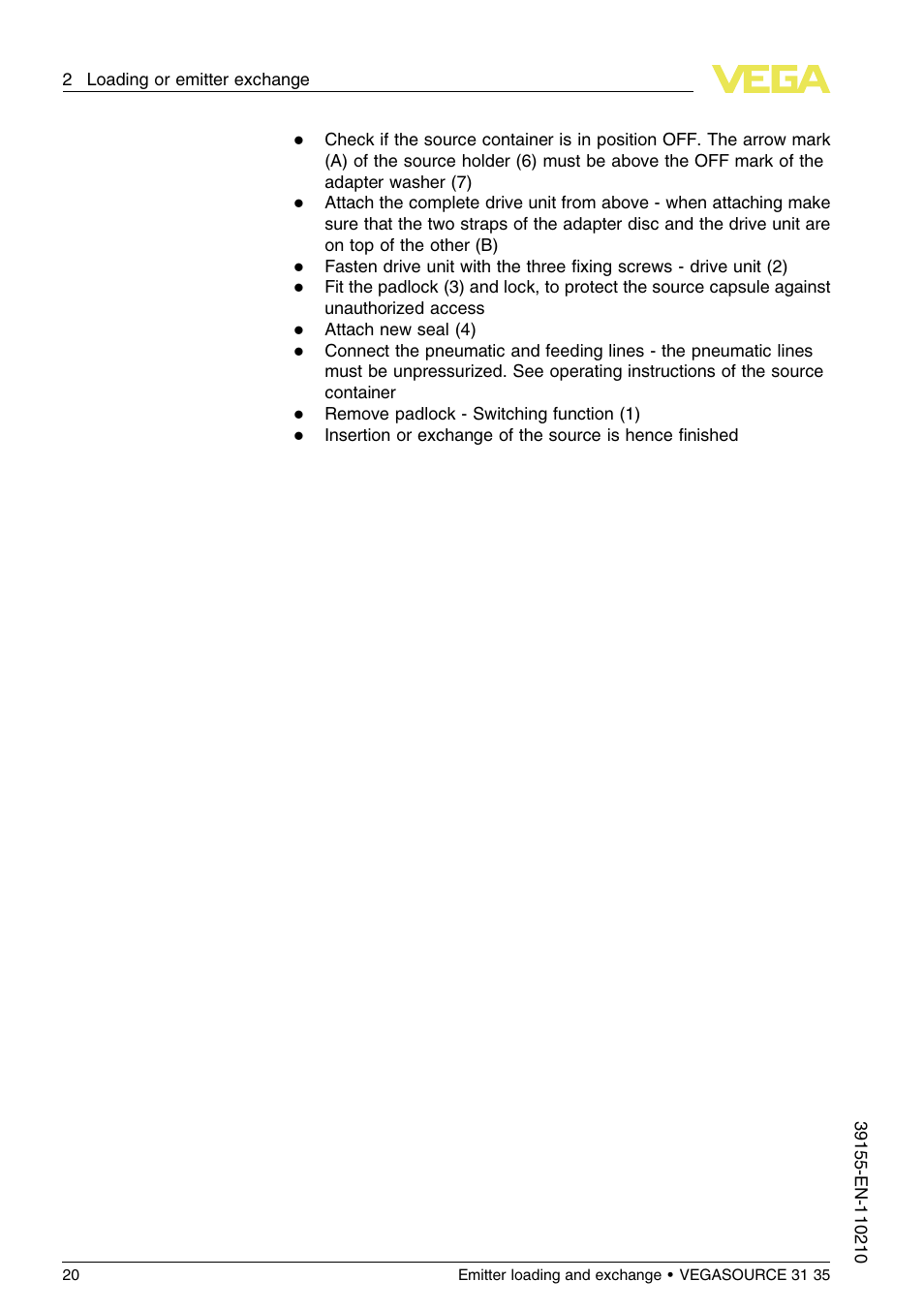 VEGA VEGASOURCE 35 Emitter loading and exchange User Manual | Page 20 / 28