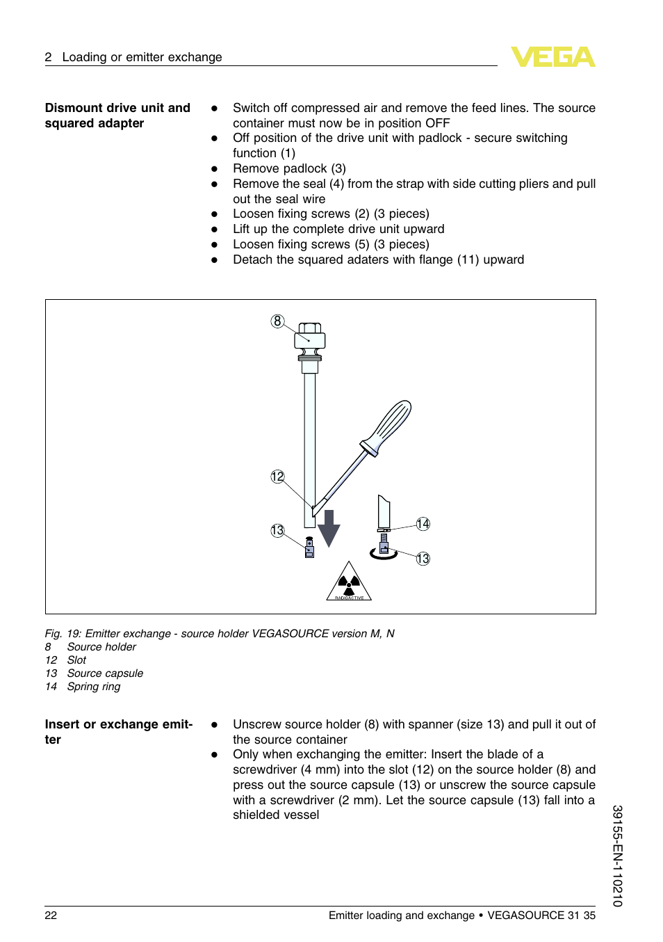 VEGA VEGASOURCE 35 Emitter loading and exchange User Manual | Page 22 / 28