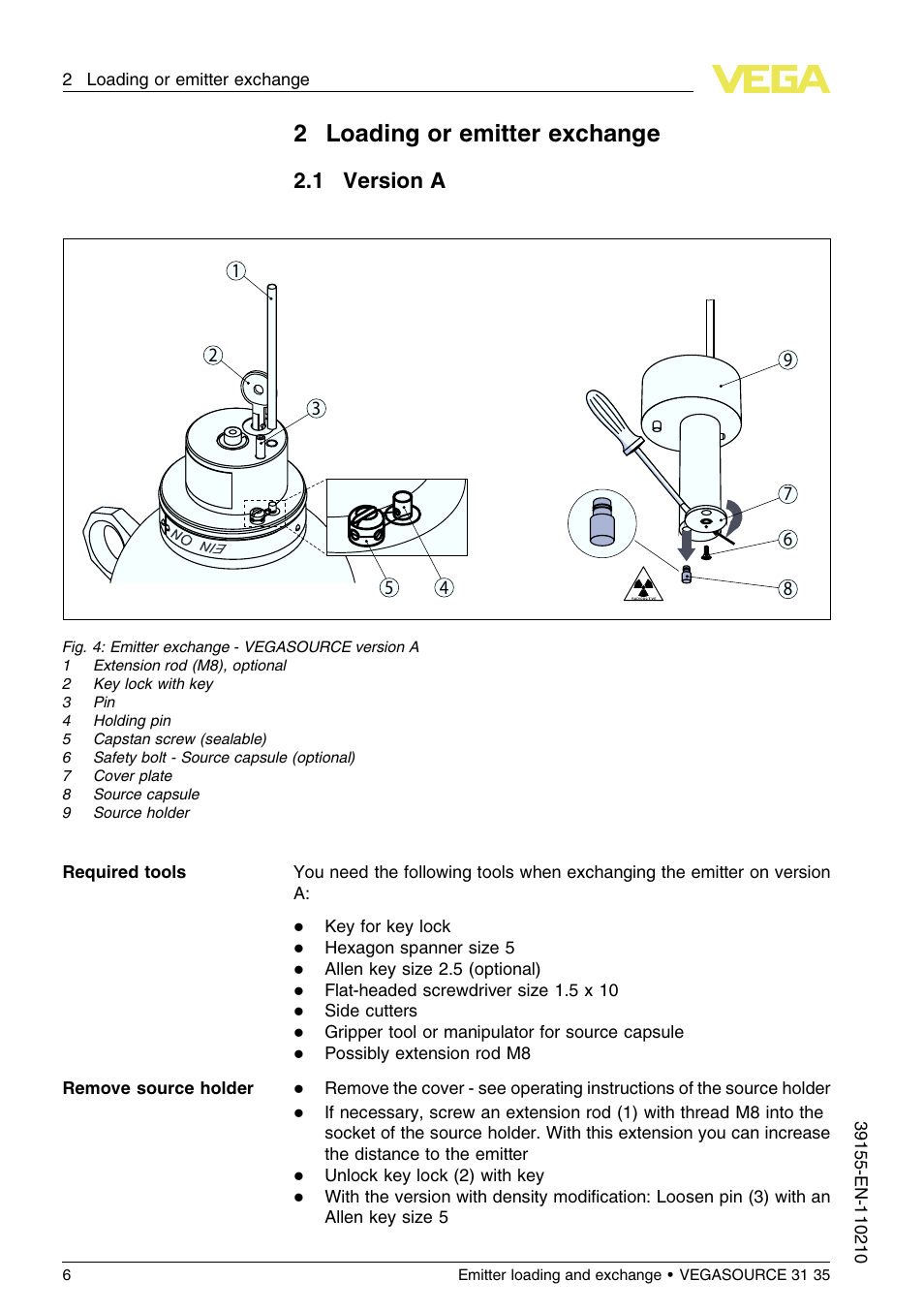 2 loading or emitter exchange, 1 version a, 2loading or emitter exchange | 1 v ersion a | VEGA VEGASOURCE 35 Emitter loading and exchange User Manual | Page 6 / 28