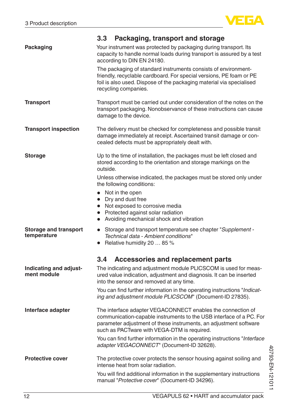 3 packaging, transport and storage, 4 accessories and replacement parts | VEGA VEGAPULS 62 (≥ 2.0.0 - ≥ 4.0.0) HART and accumulator pack User Manual | Page 12 / 76