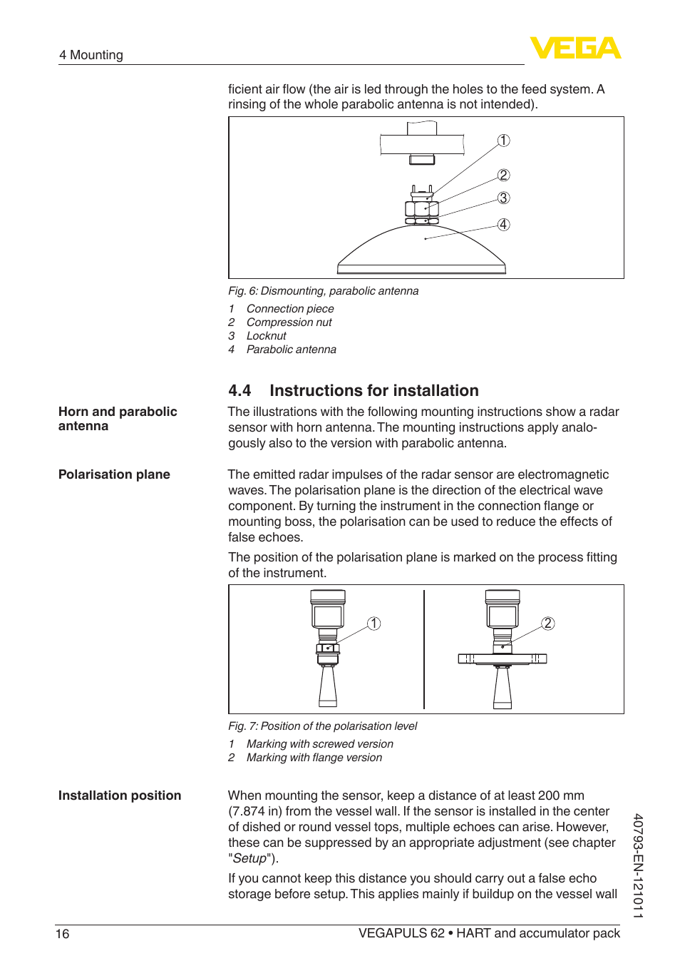 4 instructions for installation | VEGA VEGAPULS 62 (≥ 2.0.0 - ≥ 4.0.0) HART and accumulator pack User Manual | Page 16 / 76