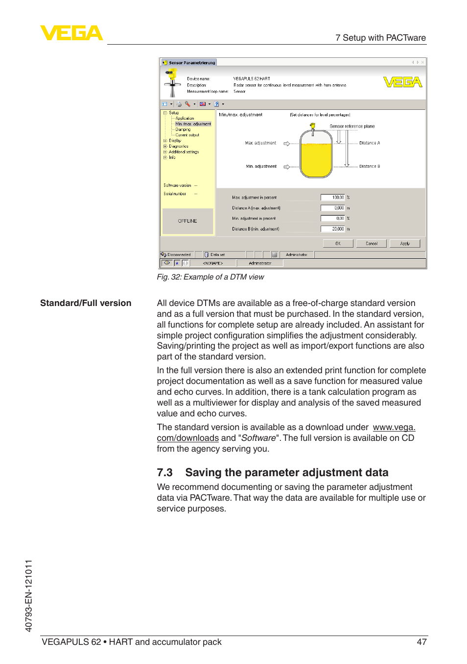3 saving the parameter adjustment data | VEGA VEGAPULS 62 (≥ 2.0.0 - ≥ 4.0.0) HART and accumulator pack User Manual | Page 47 / 76