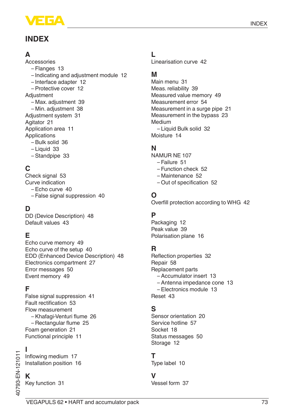 Index | VEGA VEGAPULS 62 (≥ 2.0.0 - ≥ 4.0.0) HART and accumulator pack User Manual | Page 73 / 76