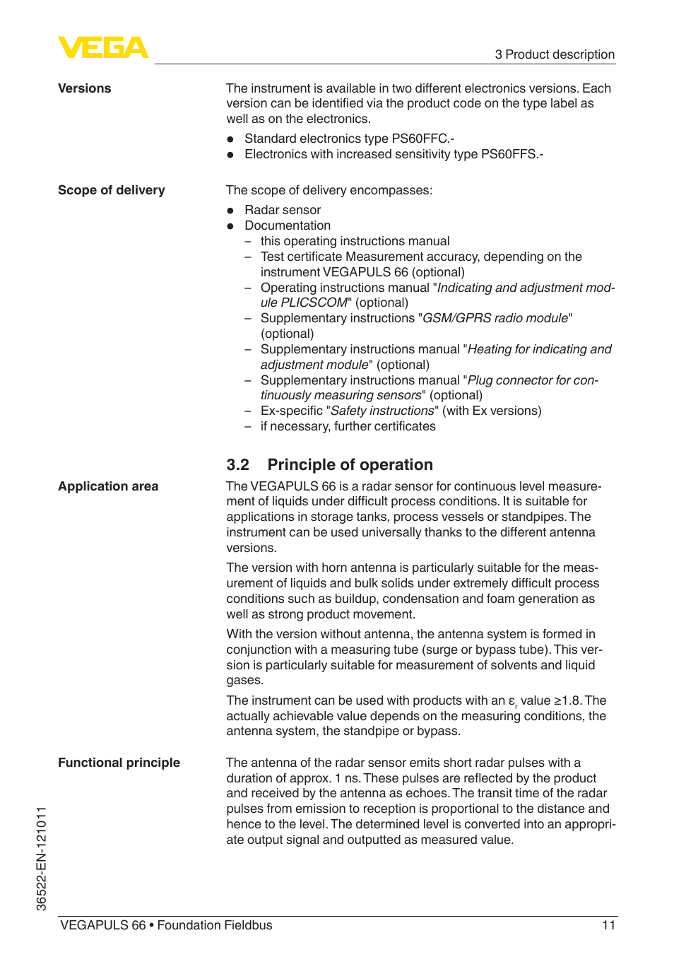 2 principle of operation | VEGA VEGAPULS 66 (≥ 2.0.0 - ≥ 4.0.0) Foundation Fieldbus User Manual | Page 11 / 84