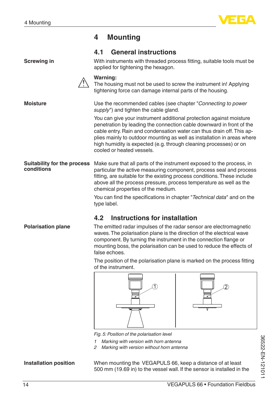 4 mounting, 1 general instructions, 2 instructions for installation | VEGA VEGAPULS 66 (≥ 2.0.0 - ≥ 4.0.0) Foundation Fieldbus User Manual | Page 14 / 84