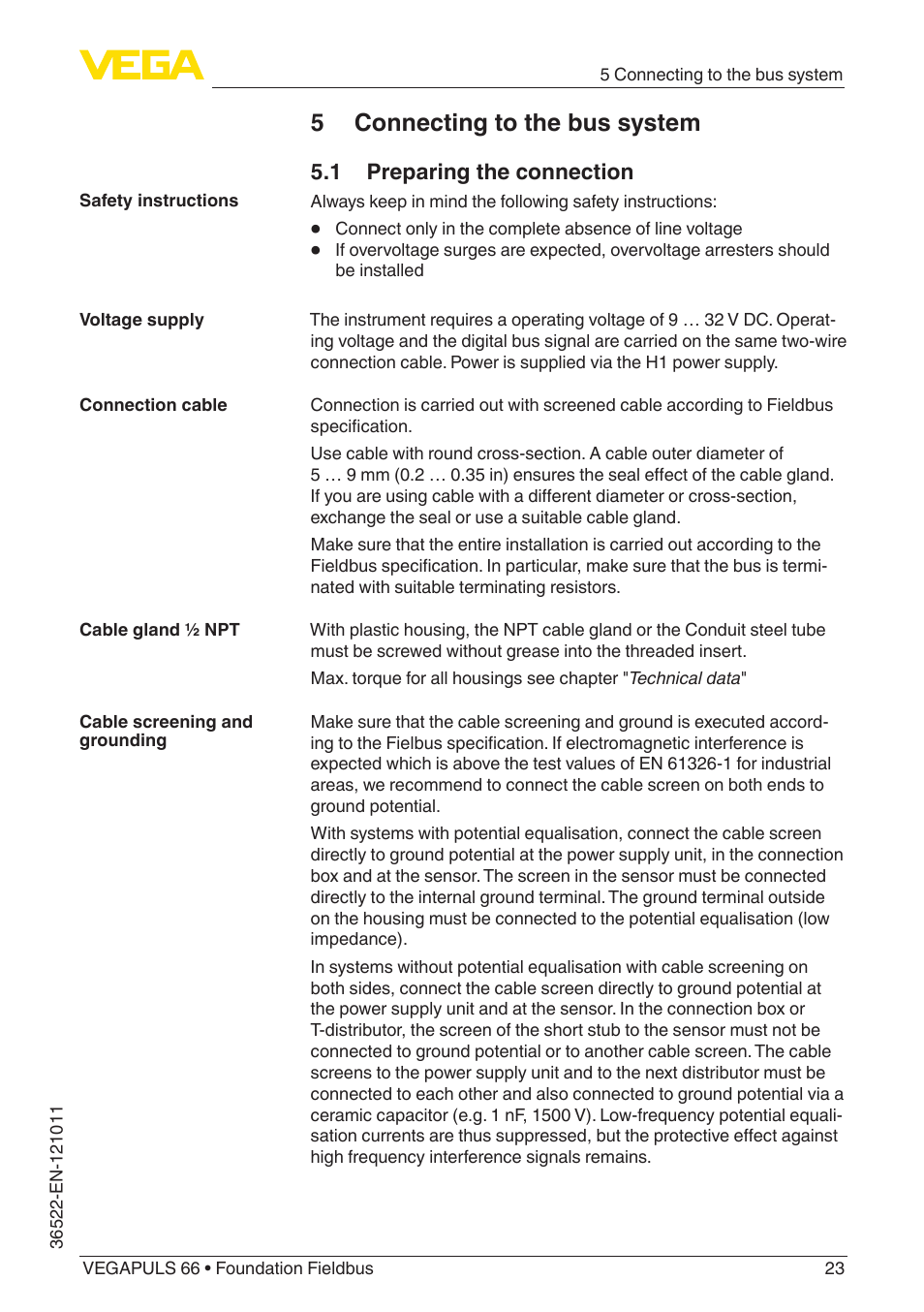 5 connecting to the bus system, 1 preparing the connection | VEGA VEGAPULS 66 (≥ 2.0.0 - ≥ 4.0.0) Foundation Fieldbus User Manual | Page 23 / 84