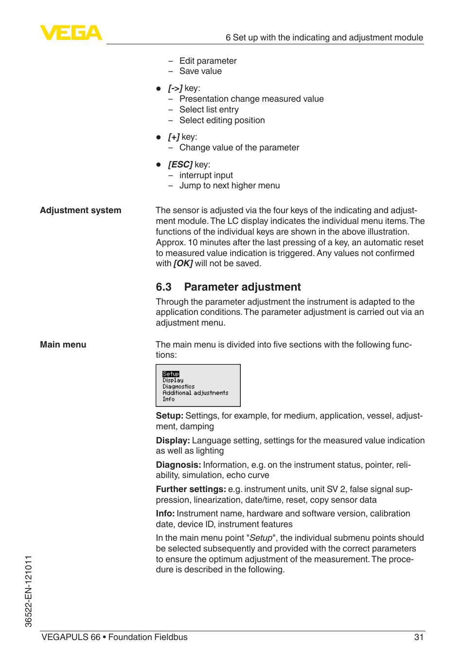 3 parameter adjustment | VEGA VEGAPULS 66 (≥ 2.0.0 - ≥ 4.0.0) Foundation Fieldbus User Manual | Page 31 / 84