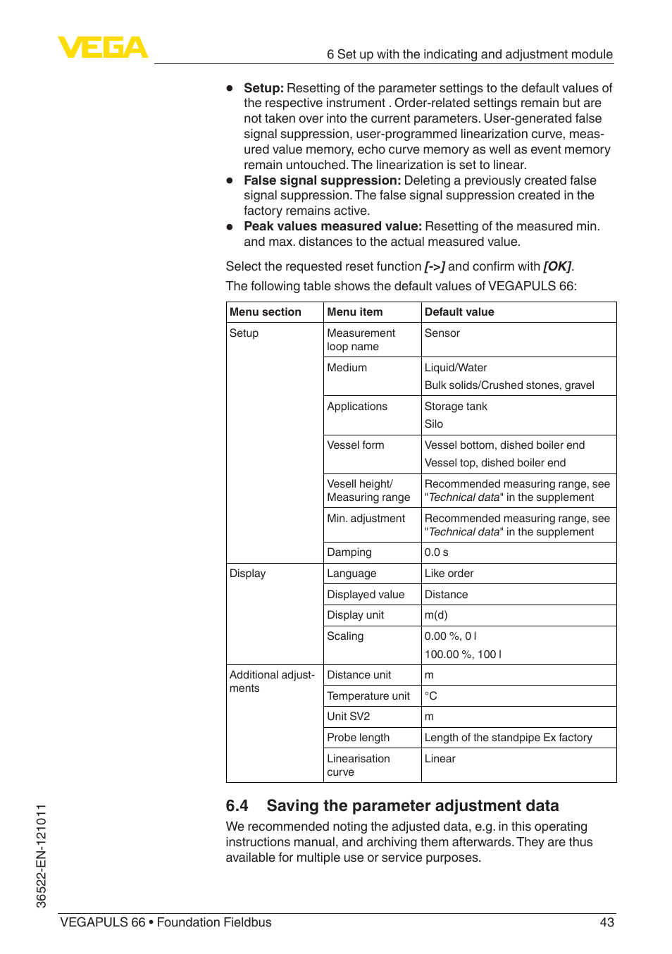 4 saving the parameter adjustment data | VEGA VEGAPULS 66 (≥ 2.0.0 - ≥ 4.0.0) Foundation Fieldbus User Manual | Page 43 / 84