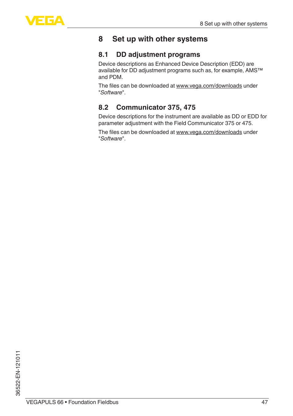 8 set up with other systems, 1 dd adjustment programs, 2 communicator 375, 475 | VEGA VEGAPULS 66 (≥ 2.0.0 - ≥ 4.0.0) Foundation Fieldbus User Manual | Page 47 / 84