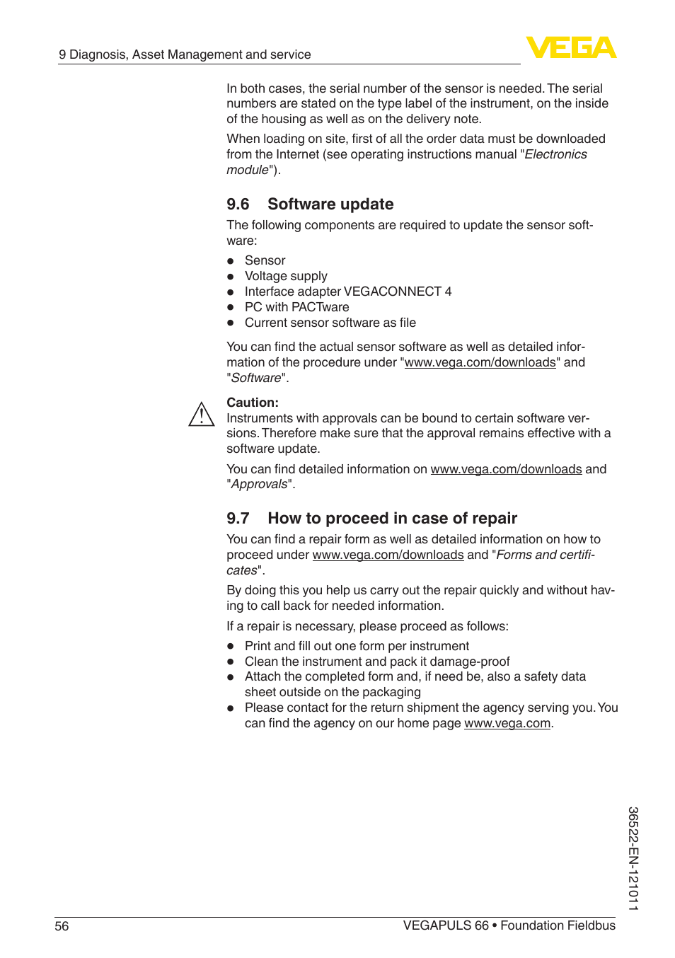 6 software update, 7 how to proceed in case of repair | VEGA VEGAPULS 66 (≥ 2.0.0 - ≥ 4.0.0) Foundation Fieldbus User Manual | Page 56 / 84
