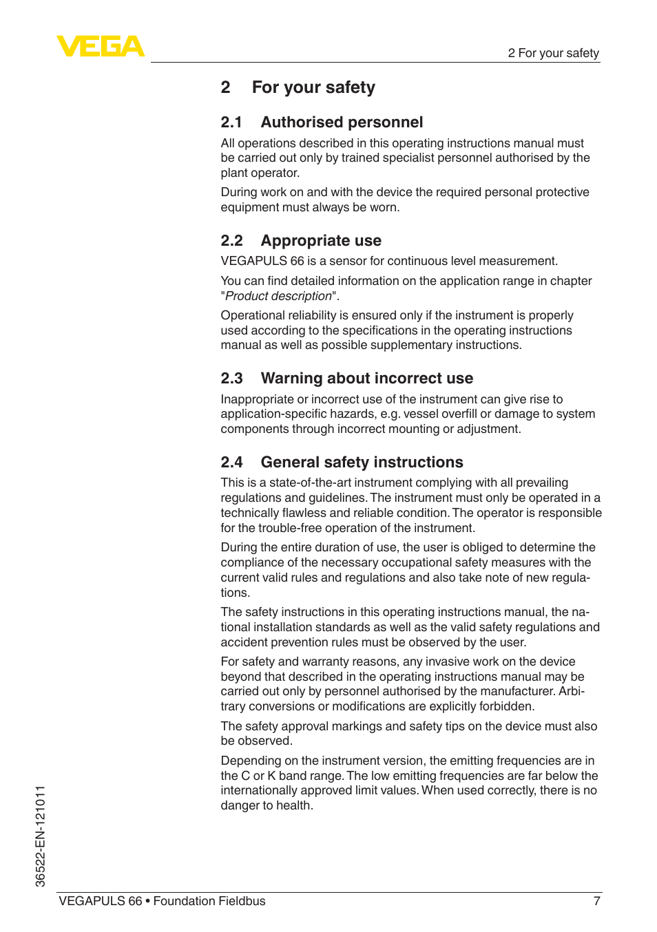 2 for your safety, 1 authorised personnel, 2 appropriate use | 3 warning about incorrect use, 4 general safety instructions | VEGA VEGAPULS 66 (≥ 2.0.0 - ≥ 4.0.0) Foundation Fieldbus User Manual | Page 7 / 84