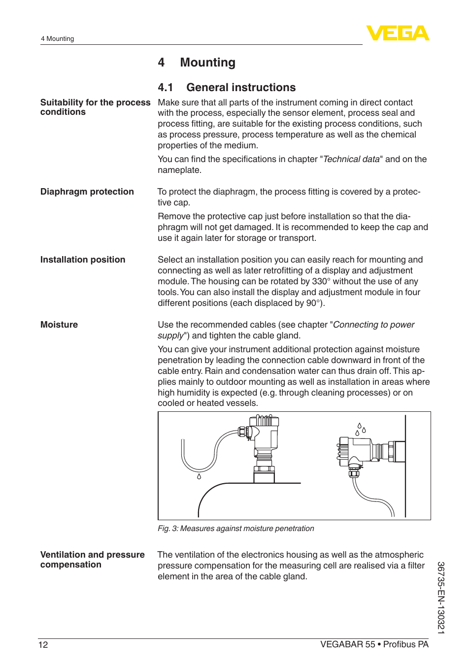 4 mounting, 1 general instructions | VEGA VEGABAR 55 Profibus PA User Manual | Page 12 / 68