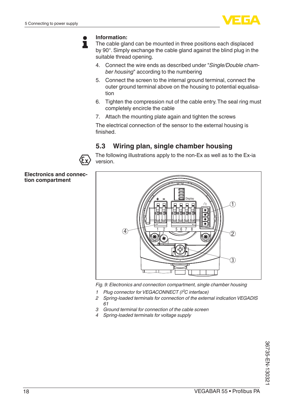 3 wiring plan, single chamber housing | VEGA VEGABAR 55 Profibus PA User Manual | Page 18 / 68