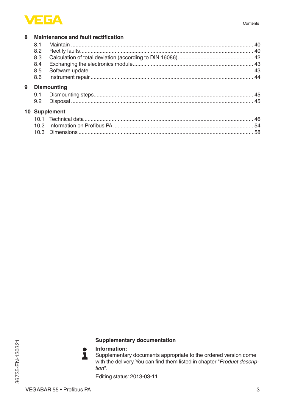 VEGA VEGABAR 55 Profibus PA User Manual | Page 3 / 68