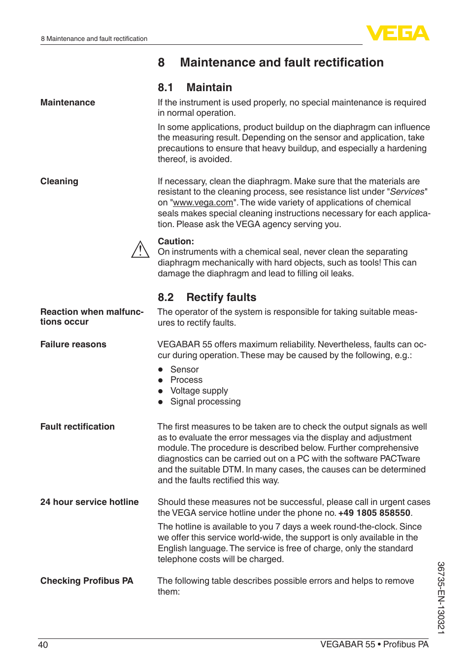 8 maintenance and fault rectification | VEGA VEGABAR 55 Profibus PA User Manual | Page 40 / 68