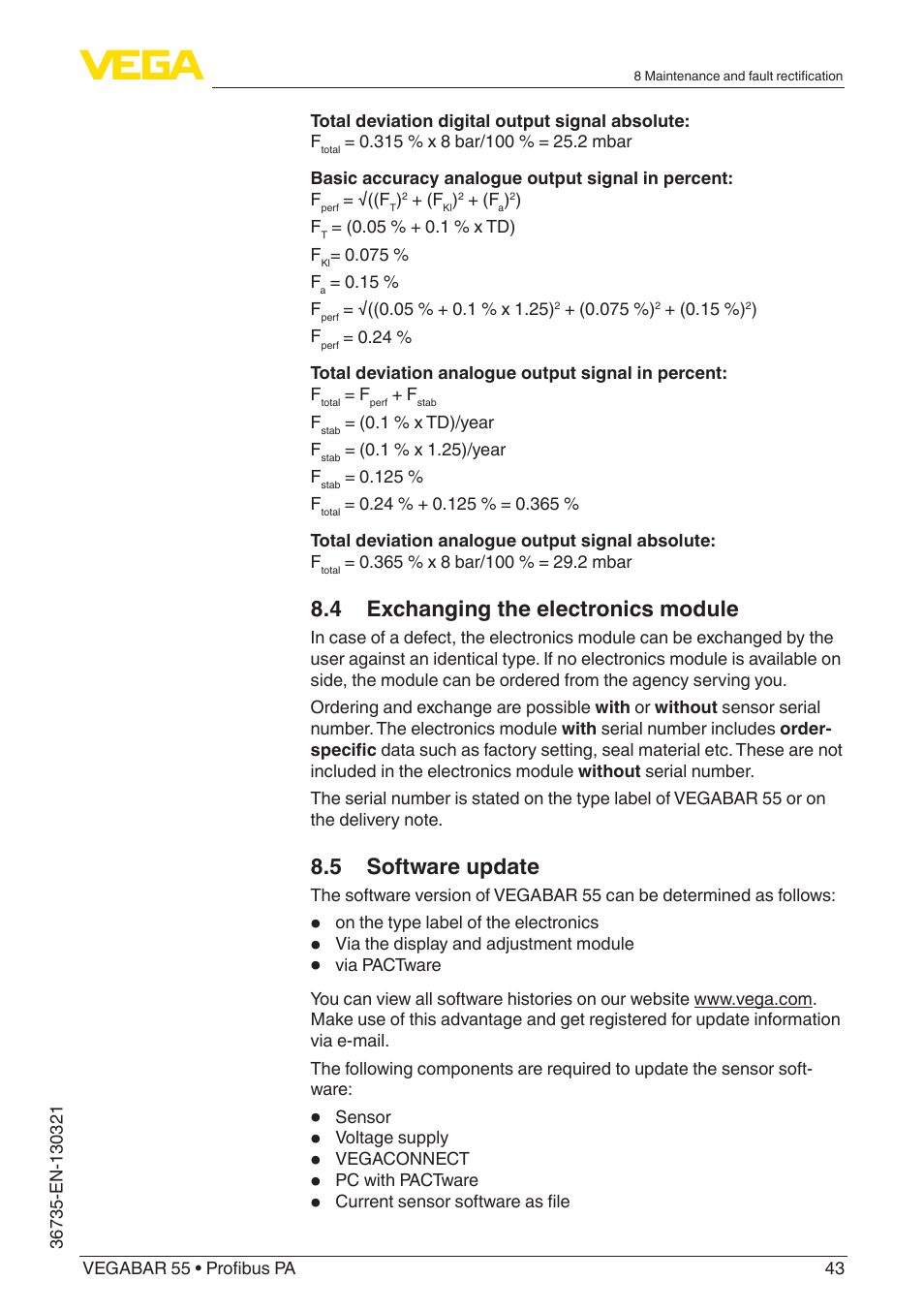 4 exchanging the electronics module, 5 software update | VEGA VEGABAR 55 Profibus PA User Manual | Page 43 / 68