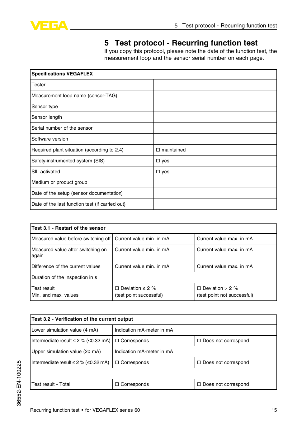 5 test protocol – recurring function test, 5test protocol - recurring function test | VEGA VEGAFLEX series 60 Recurring function test User Manual | Page 15 / 20