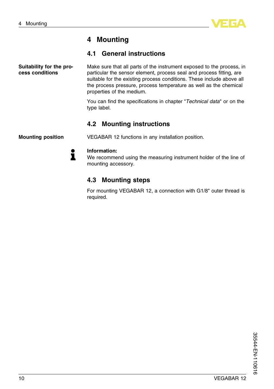 4 mounting, 1 general instructions, 2 mounting instructions | 3 mounting steps, 4mounting | VEGA VEGABAR 12 User Manual | Page 10 / 24