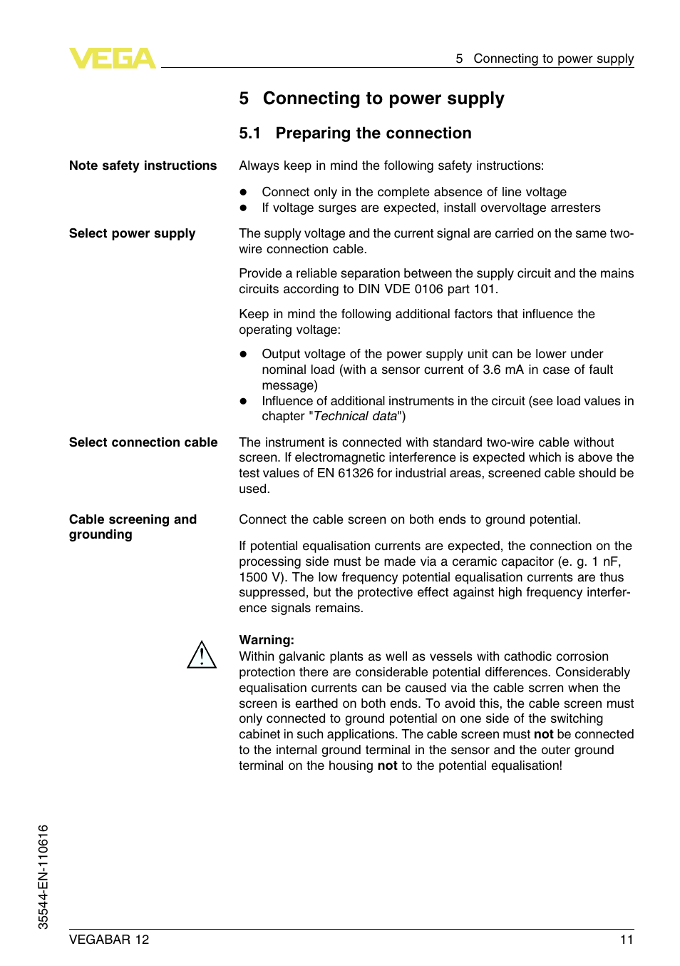 5 connecting to power supply, 1 preparing the connection, 5connecting to power supply | VEGA VEGABAR 12 User Manual | Page 11 / 24