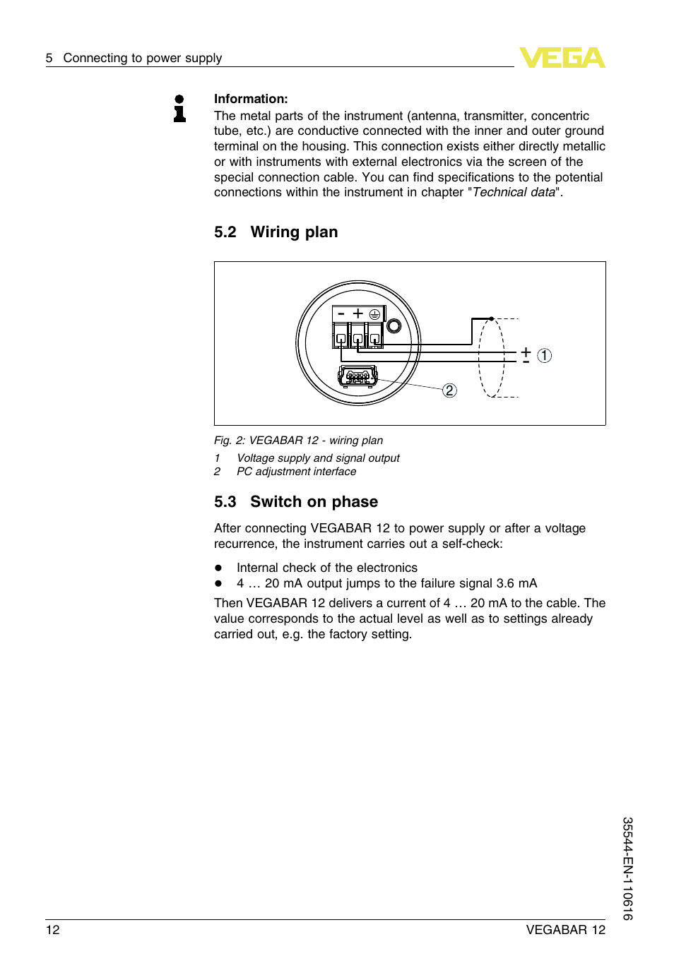 2 wiring plan, 3 switch on phase | VEGA VEGABAR 12 User Manual | Page 12 / 24