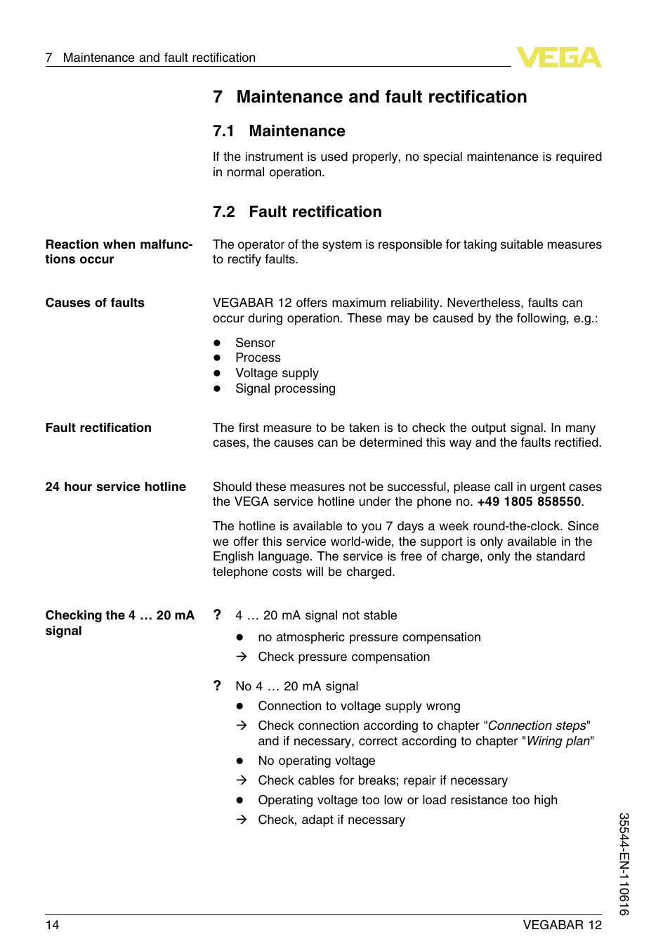 7 maintenance and fault rectification, 1 maintenance, 2 fault rectification | 7maintenance and fault rectiﬁcation, 2 fault rectiﬁcation | VEGA VEGABAR 12 User Manual | Page 14 / 24