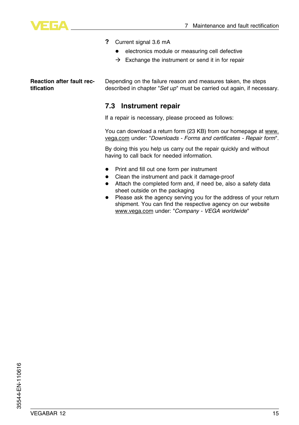 3 instrument repair | VEGA VEGABAR 12 User Manual | Page 15 / 24