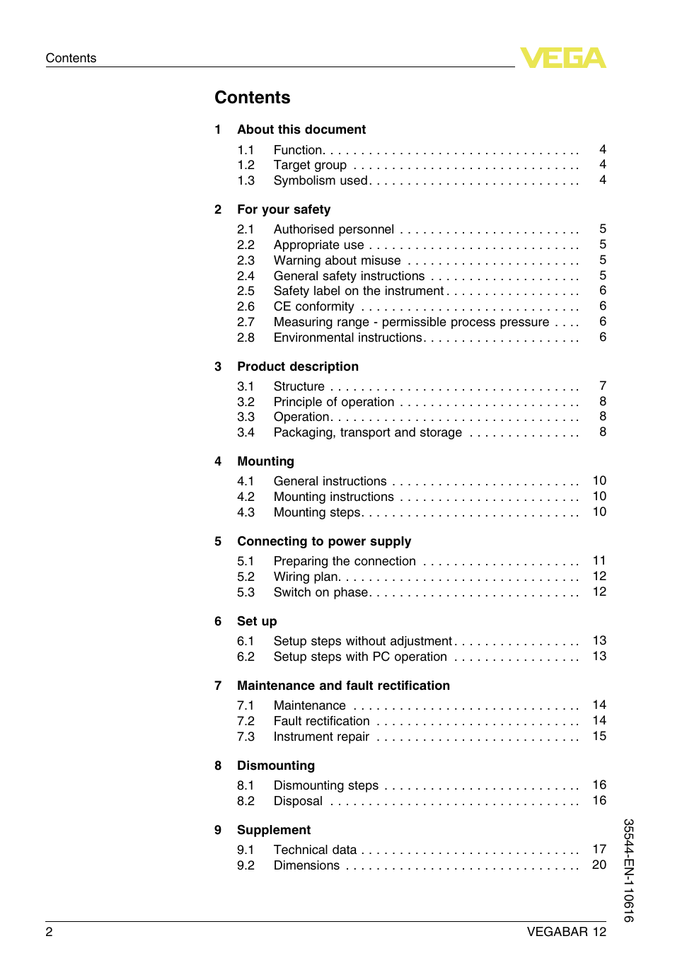 VEGA VEGABAR 12 User Manual | Page 2 / 24