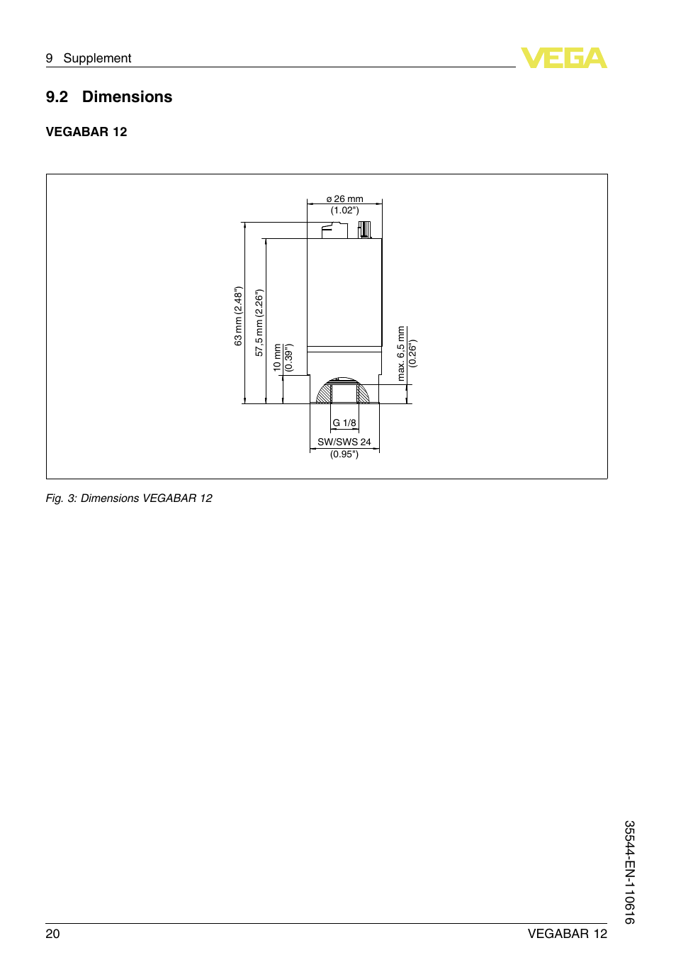 2 dimensions | VEGA VEGABAR 12 User Manual | Page 20 / 24