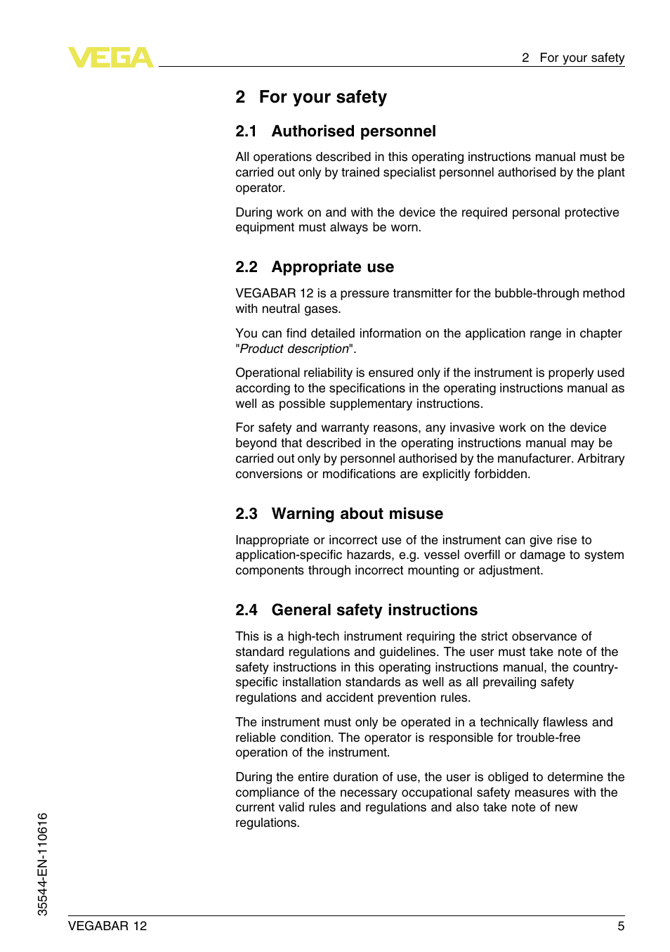 2 for your safety, 1 authorised personnel, 2 appropriate use | 3 warning about misuse, 4 general safety instructions, 2for your safety | VEGA VEGABAR 12 User Manual | Page 5 / 24