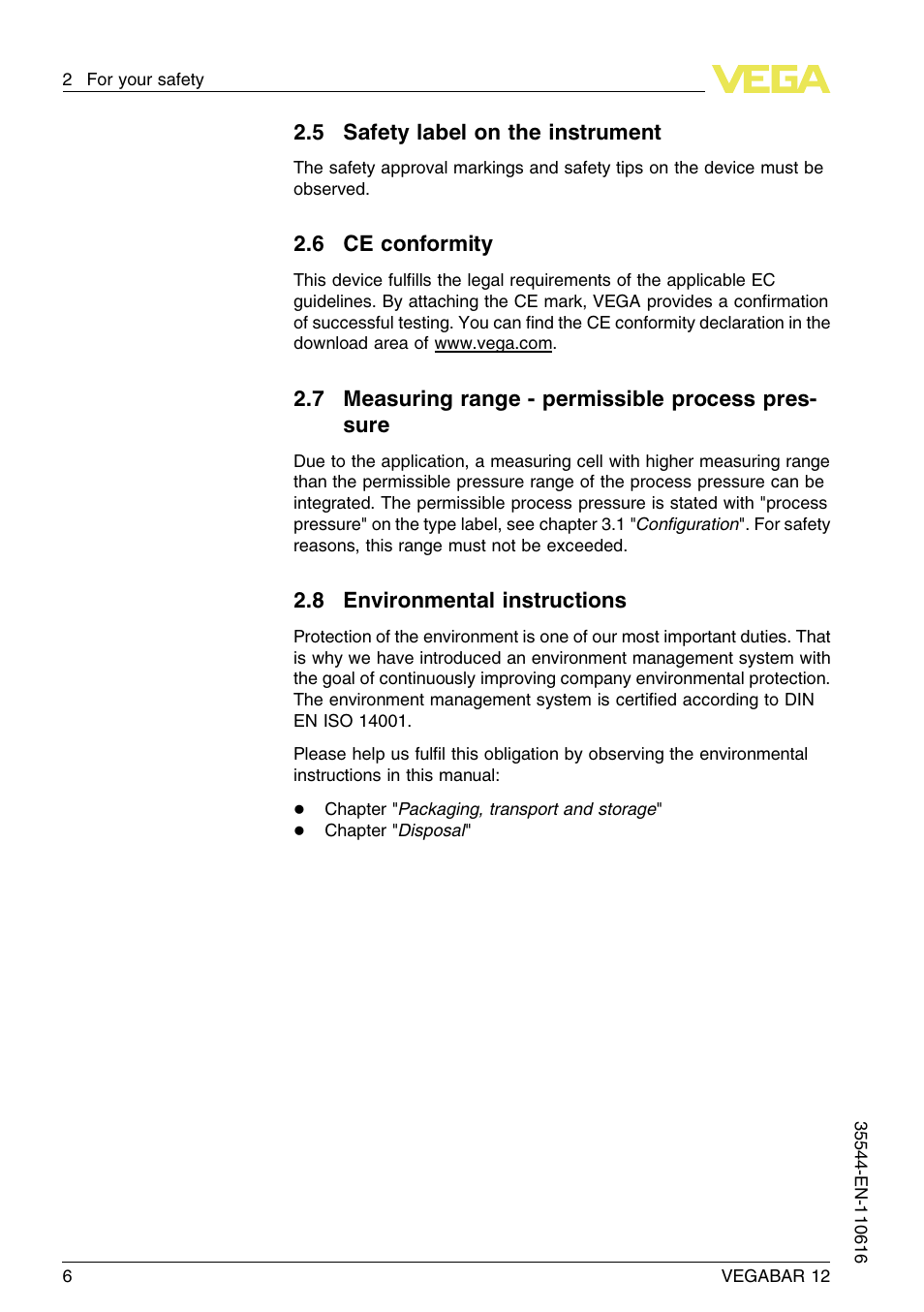 5 safety label on the instrument, 6 ce conformity, 7 measuring range – permissible process pressure | 8 environmental instructions | VEGA VEGABAR 12 User Manual | Page 6 / 24