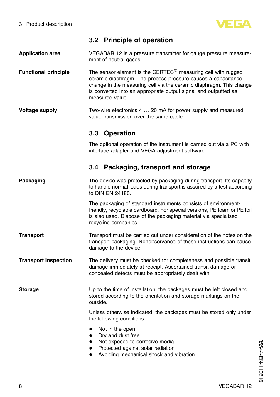 2 principle of operation, 3 operation, 4 packaging, transport and storage | VEGA VEGABAR 12 User Manual | Page 8 / 24