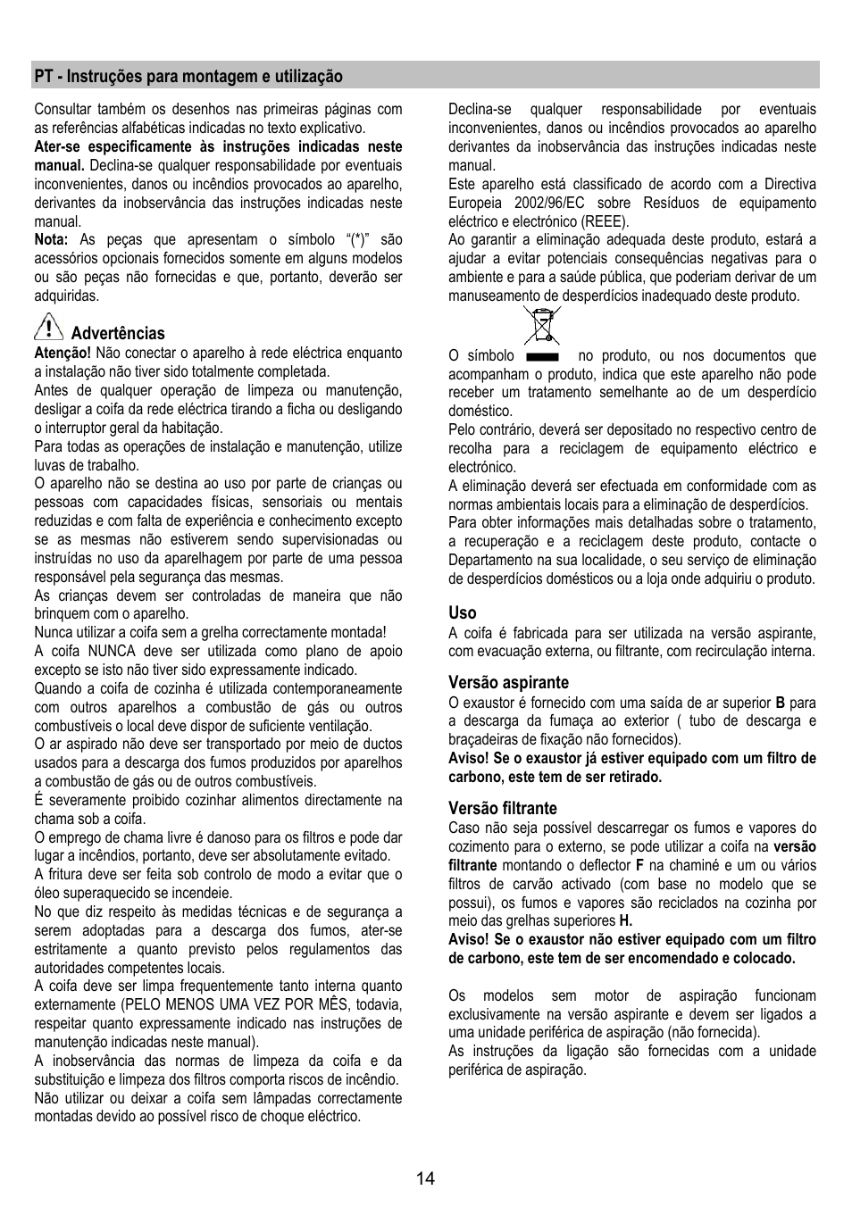 Pt - instruções para montagem e utilização, Advertências, Versão aspirante | Versão filtrante | LADEN HCH 600 WH User Manual | Page 14 / 36