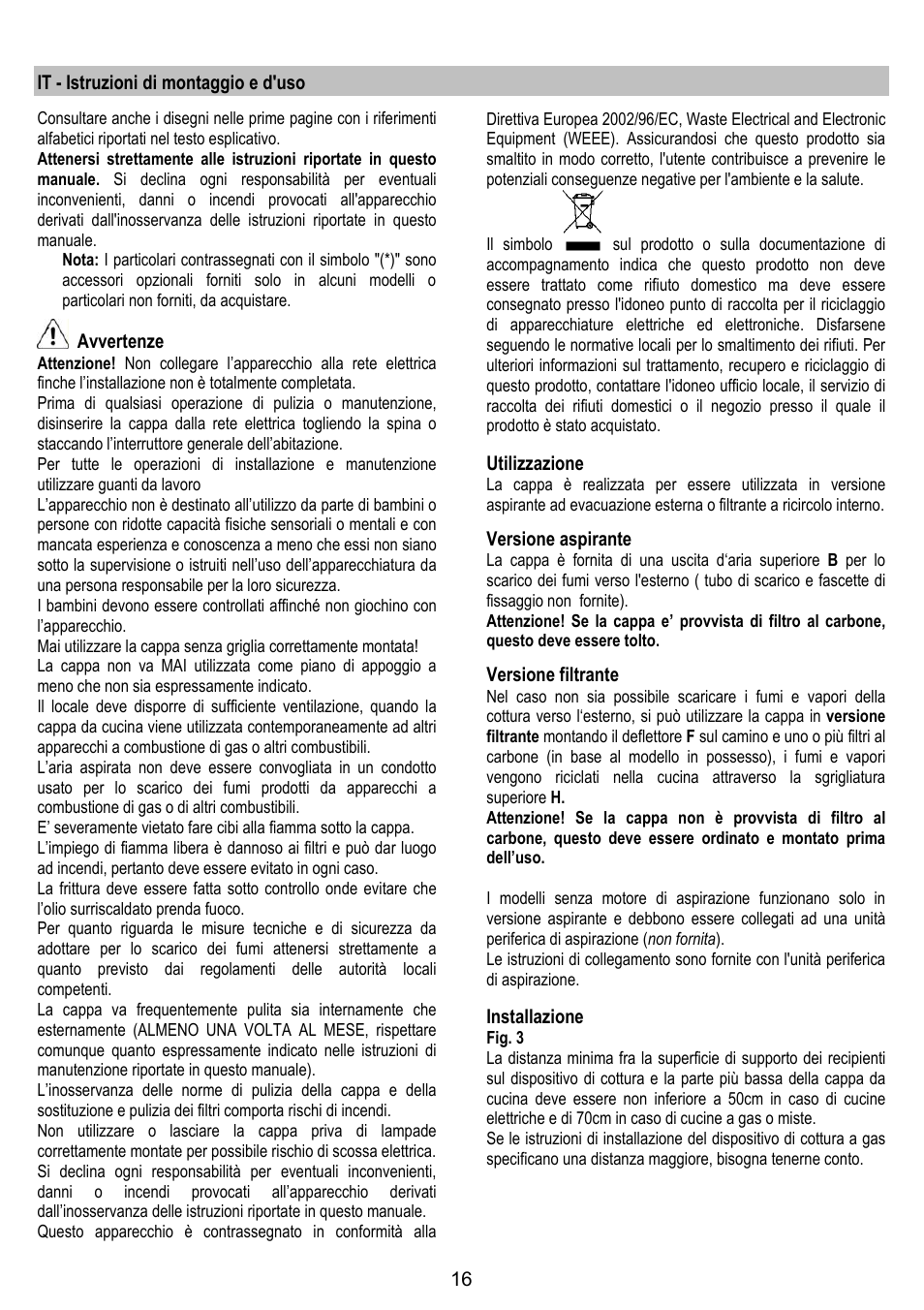 It - istruzioni di montaggio e d'uso, Avvertenze, Utilizzazione | Versione aspirante, Versione filtrante, Installazione | LADEN HCH 600 WH User Manual | Page 16 / 36