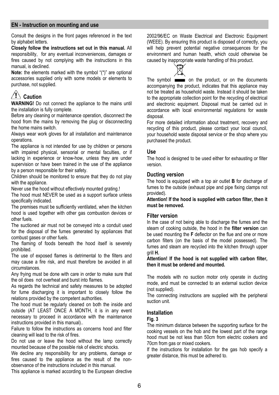 En - instruction on mounting and use, Caution, Ducting version | Filter version, Installation | LADEN HCH 600 WH User Manual | Page 6 / 36